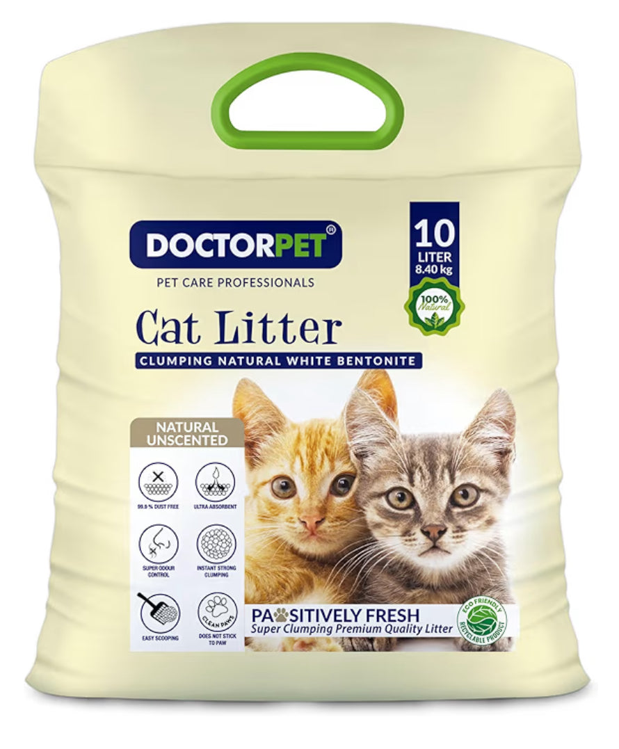 Doctor Pet Cat Litter Unscented 10L – 100% Natural Clumping Bentonite, Ultra Absorbent,Easy Scooping, Dust-Free, Odor Control, Easy Scooping, Hypoallergenic & Non-Stick Paw Formula