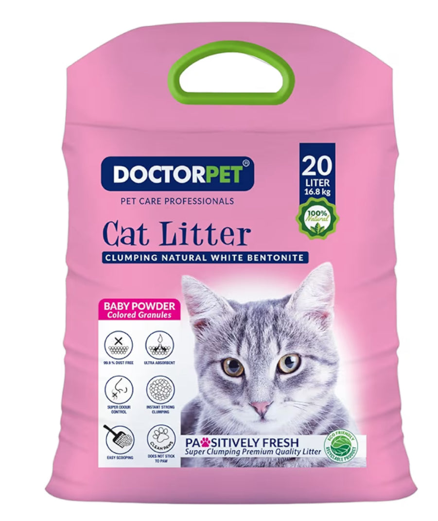 Doctor Pet Cat Litter Baby Powder 20L – 100% Natural Clumping Bentonite,Scented, Ultra Absorbent,Easy Scooping, Dust-Free, Odor Control, Easy Scooping, Hypoallergenic & Non-Stick Paw Formula
