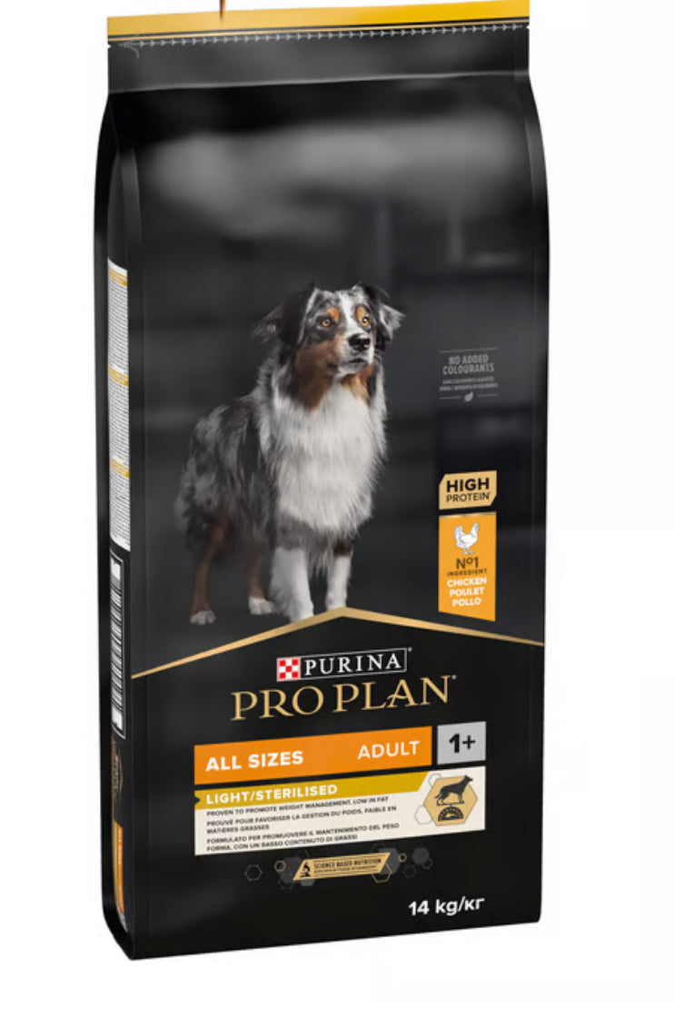 PRO PLAN LIGHT STERILISED ALL SIZES ADULT, DRY DOG FOOD WITH CHICKEN, 14 KG