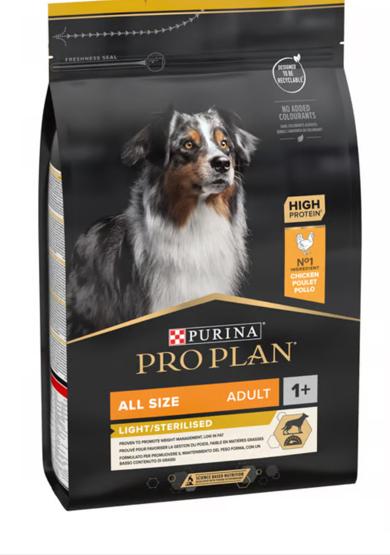 PRO PLAN LIGHT STERILISED ALL SIZES ADULT, DRY DOG FOOD WITH CHICKEN, 3 KG