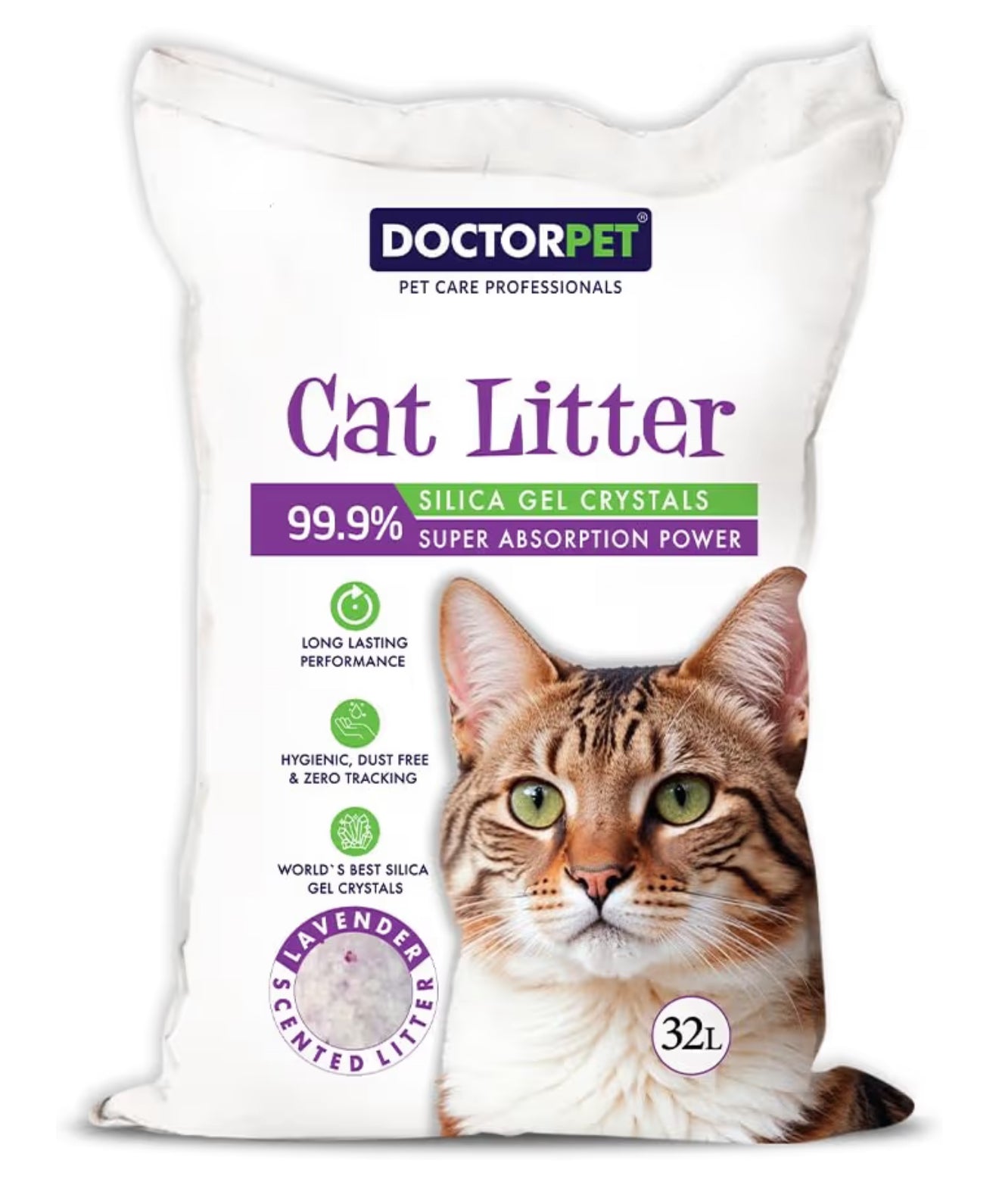 Doctor Pet Silica Gel Cat Litter 32L - Lavender Scented Crystals, Hygienic, Dust-Free, Zero Tracking, Long-Lasting, Superior Odor Control