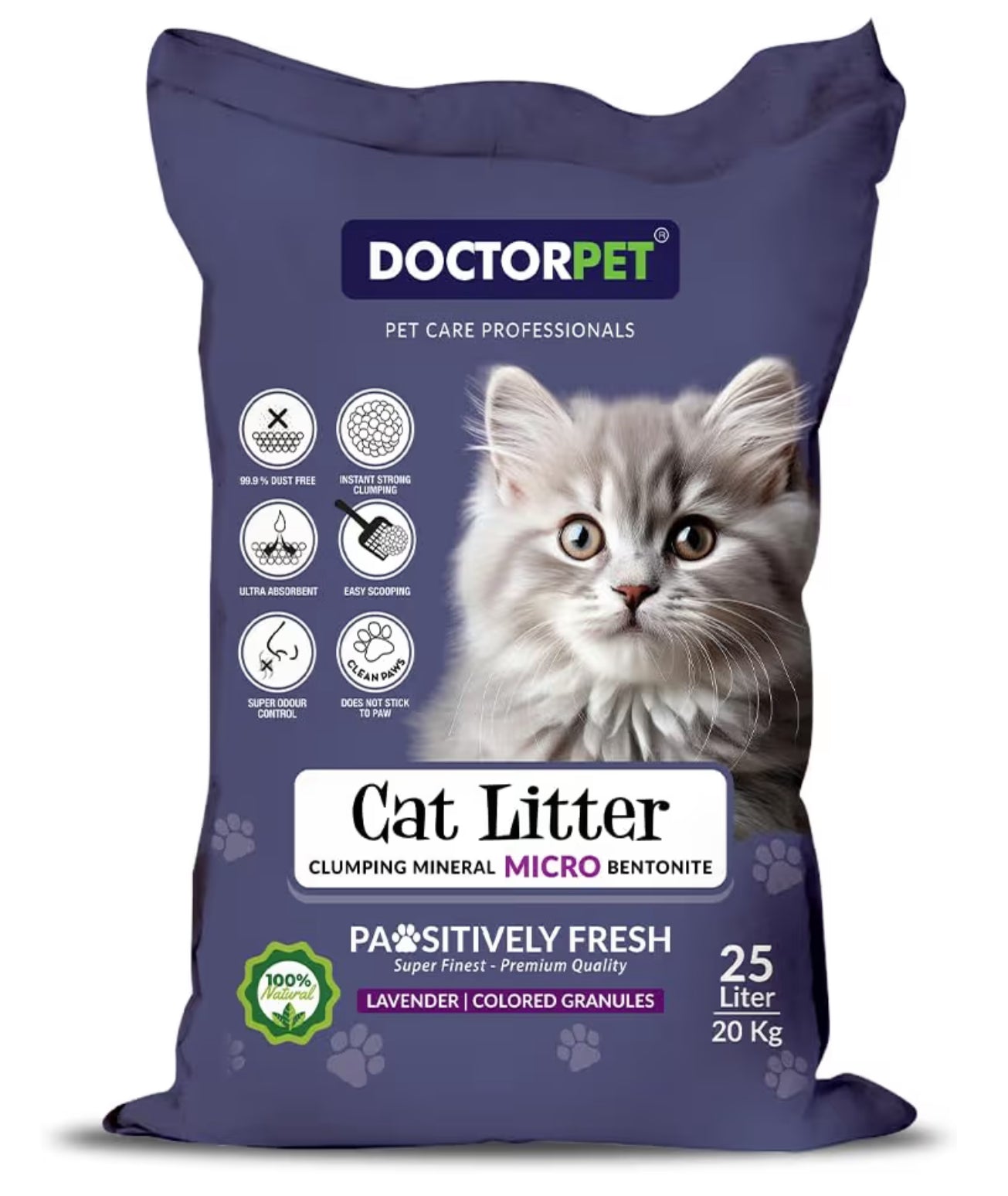 Doctor Pet Lavender Scented Clumping Cat Litter 25L – 100% Clumping Micro Bentonite, Instant Strong Clumping, Ultra Absorbent, Dust-Free, Lavender Fragrance, Pet Safe