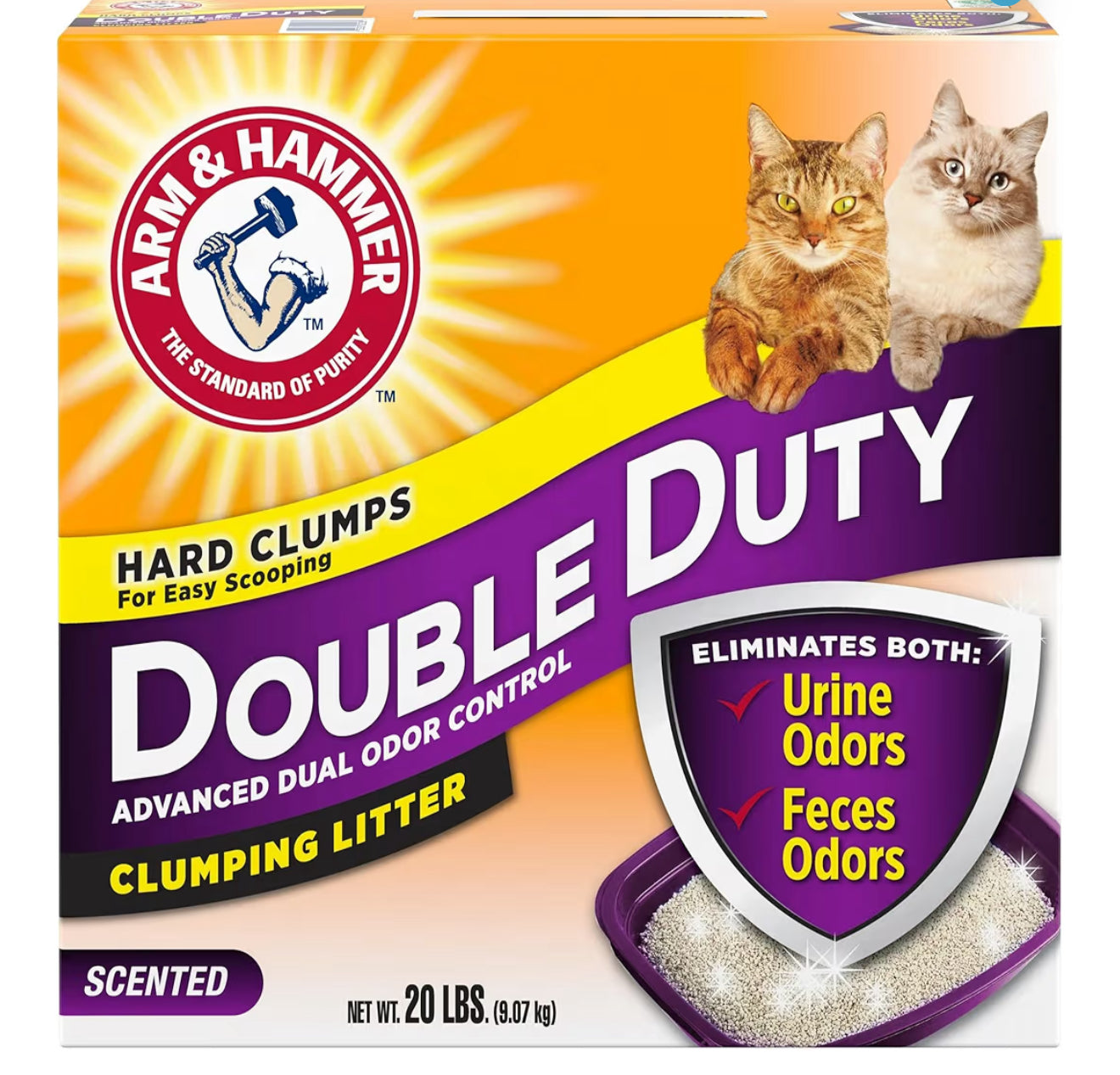 Arm & Hammer Scented Double Duty Clumping Litter, Advanced Dual Odor Control, Low Tracking Formula, Hard Clumps for Easy Scooping, Baking Soda Crystals, Recyclable Cartons, 9.07 Kg