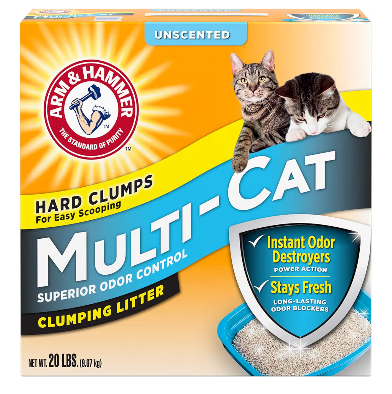 Arm & Hammer Unscented Multi-Cat Superior Odor Control Clumping Litter, Low Tracking Formula, Hard Clumps for Easy Scooping, Baking Soda Crystals, Recyclable Cartons, 9.07Kg