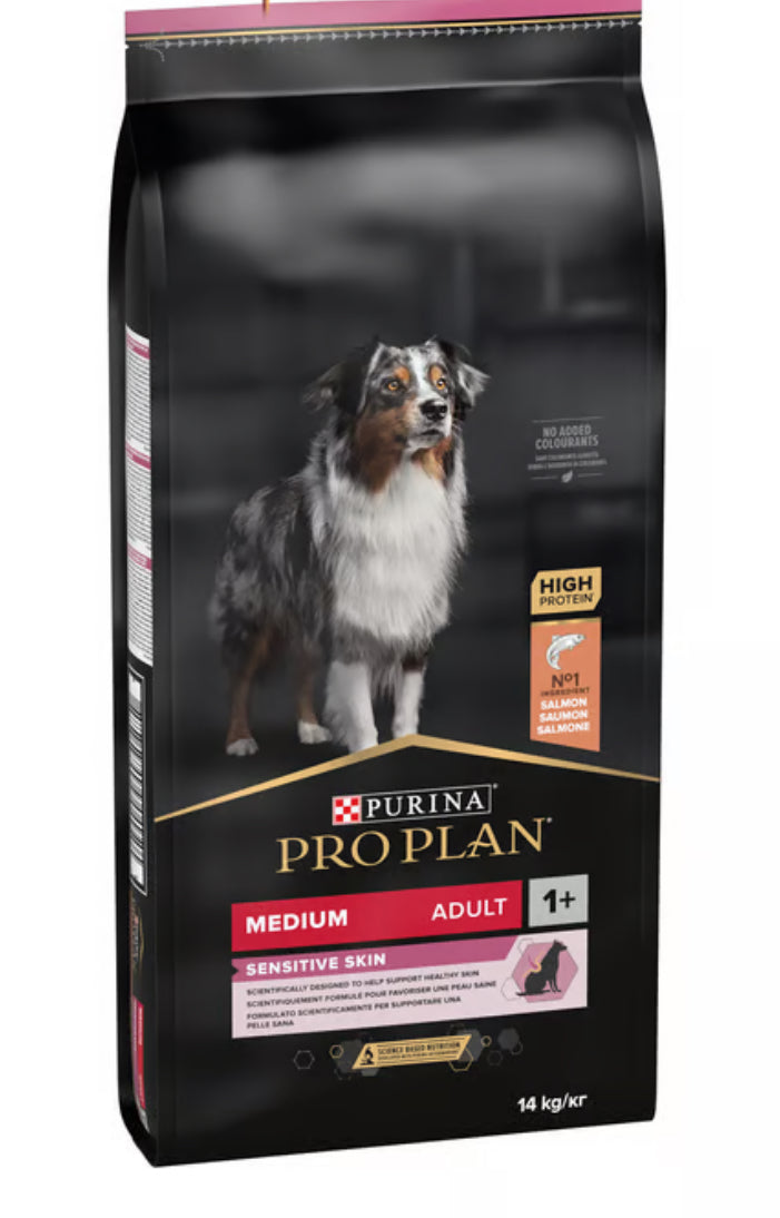 PRO PLAN SENSITIVE SKIN MEDIUM ADULT, DRY DOG FOOD WITH SALMON, 14 KG