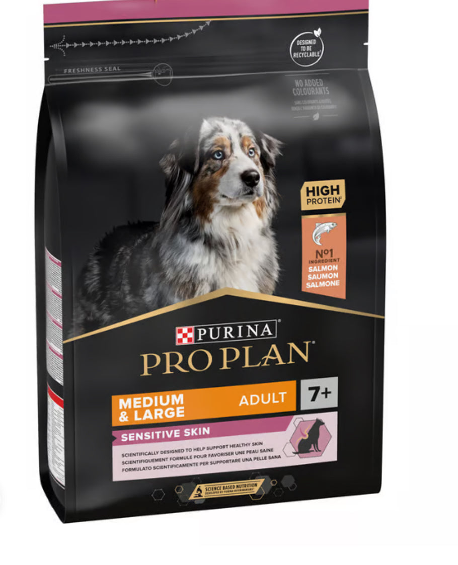 PRO PLAN SENSITIVE SKIN MEDIUM AND LARGE SENIOR 7+ , DRY DOG FOOD WITH SALMON, 3 KG