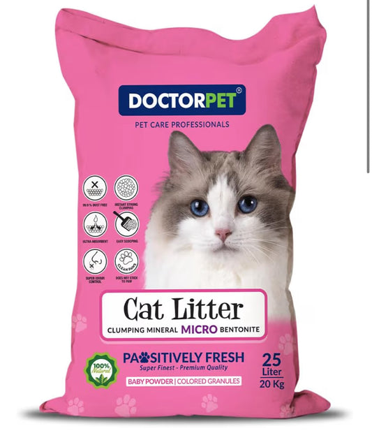 Doctor Pet Cat Litter Baby Powder 25L – 100% Natural Clumping Micro Bentonite,Scented, Ultra Absorbent,Easy Scooping, Dust-Free, Odor Control, Easy Scooping, Hypoallergenic & Non-Stick Paw Formula
